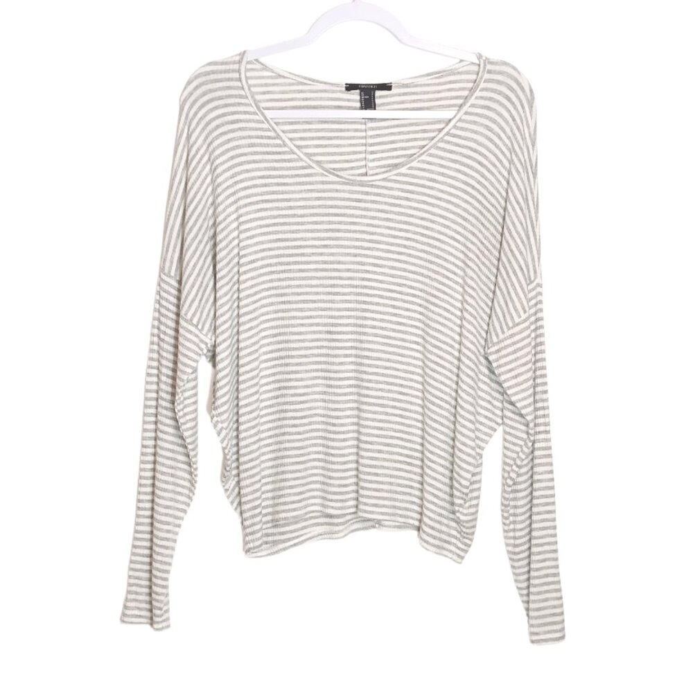 Forever 21 Striped Ribbed Knit Top Dolman Sleeves Gray White Size Small
